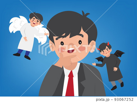 Confused men have good and bad demons talking. A man who is worried about business problems, ideas, decisions and solutions. career path concept Confused men have good and bad demons talking. A man who is worried about business problems, ideas, decisions and solutions. career path concept 93067252