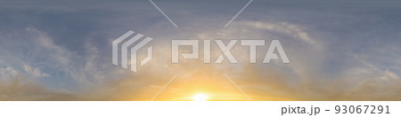 Golden glowing sunset sky panorama with Cirrus clouds. Hdr seamless spherical equirectangular 360 panorama. Sky dome or zenith for 3D visualization and sky replacement for aerial drone 360 panoramas. Golden glowing sunset sky panorama with Cirrus clouds. Hdr seamless spherical equirectangular 360 panorama. Sky dome or zenith for 3D visualization and sky replacement for aerial drone 360 panoramas. 93067291