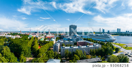 Aerial view of the large cruise ship docked in Riga port, Latvia near the old town and city center. 93068258