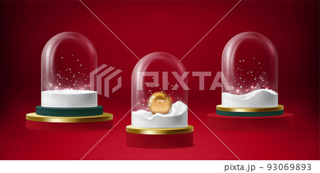 3d christmas background with snow balls. Merry xmas, new year glass globes, red light decoration render. Blank dome set. Empty transparent elements for decor, holiday toys. Vector minimal illustration 93069893