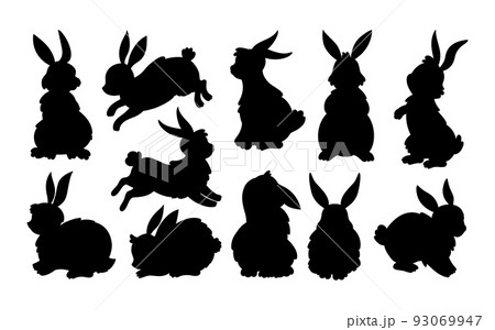 Bunny rabbit silhouette. Jump easter black shadow animal, cute wild spring meadow, sketch contour. Forest characters. Different poses standing jumping and sitting rodent. Vector isolated background Bunny rabbit silhouette. Jump easter black shadow animal, cute wild spring meadow, sketch contour. Forest characters. Different poses standing jumping and sitting rodent. Vector isolated background 93069947