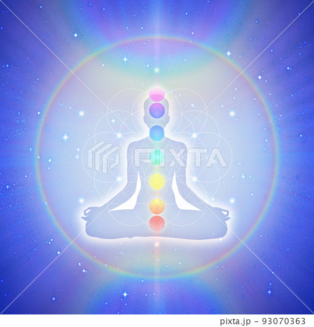 チャクラを意識した瞑想と虹の空間のイラスト素材のイラスト素材