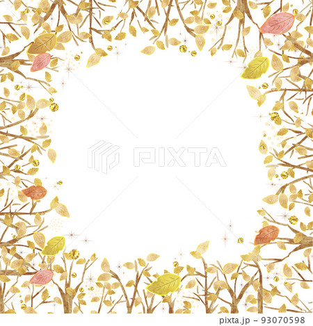 秋落ち葉のフレーム キラキラゴールドグリッター 正方形のイラスト素材