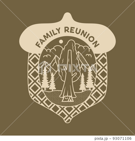 Camping adventure badge design. Outdoor crest logo with mountains and tent inside the acorn. Travel silhouette label isolated on dark. Stock vector tattoo graphics emblem 93071106