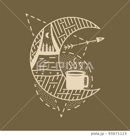 Camping adventure badge design. Outdoor crest logo with enamel mug and tent. Travel silhouette label isolated on dark. Stock vector tattoo graphics emblem 93071123