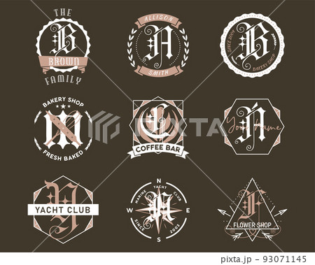 Monogram logo designs set. Classic monograms with different phrases and texts. Stylish badges for web and print. Stock vector labels isolated on dark background Monogram logo designs set. Classic monograms with different phrases and texts. Stylish badges for web and print. Stock vector labels isolated on dark background 93071145