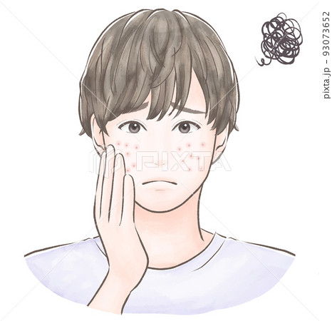 肌荒れに悩むマッシュの髪型の男性　水彩風 93073652