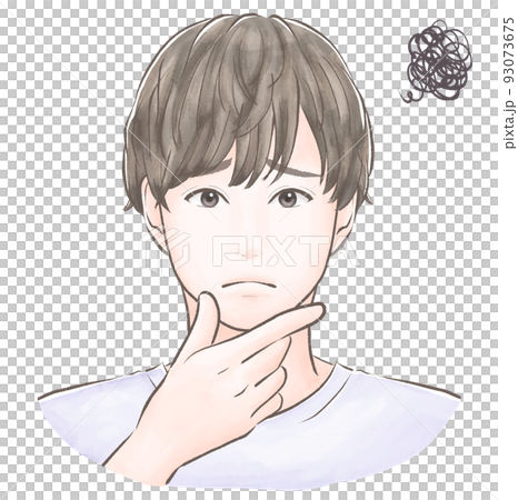 A man with a mush hairstyle who worries with his hand on his chin Watercolor style A man with a mush hairstyle who worries with his hand on his chin Watercolor style 93073675