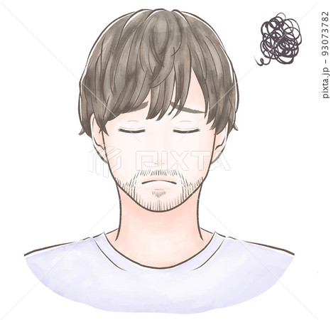 髭に悩みを抱えるマッシュの髪型の男性 閉眼 水彩風のイラスト素材