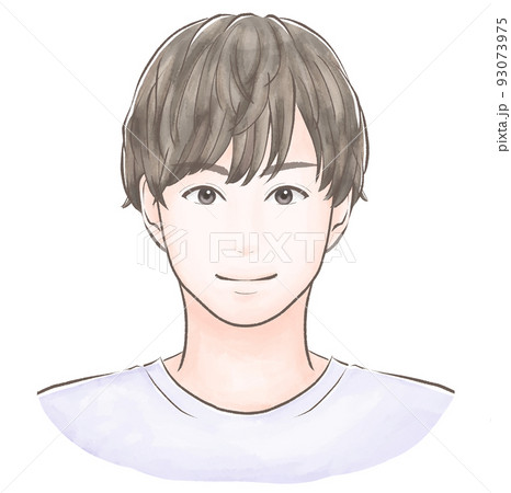 正面を見て微笑むマッシュの髪型の男性　水彩風 93073975