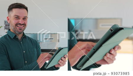 Multiscreen of handsome coffee shop owner is working on tablet computer in style cafe. Successful restaurant manager standing behind counter and smiles on camera. Multiscreen of handsome coffee shop owner is working on tablet computer in style cafe. Successful restaurant manager standing behind counter and smiles on camera. 93073985