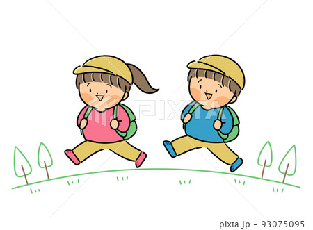 遠足に行く　小学生　男女のイラスト 93075095