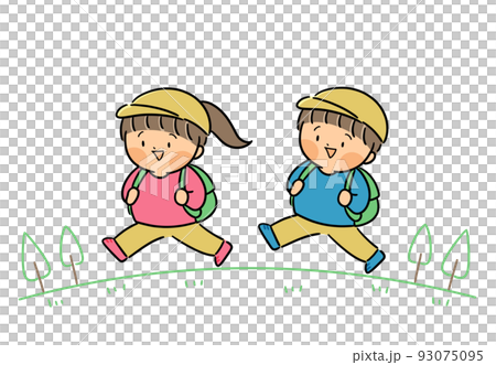 遠足に行く　小学生　男女のイラスト 93075095