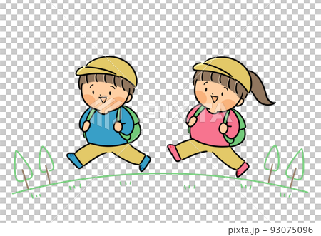 遠足に行く　小学生　男女のイラスト 93075096