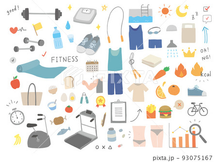 フィットネスにまつわる手描きイラストセット（カラー/輪郭線なし） 93075167