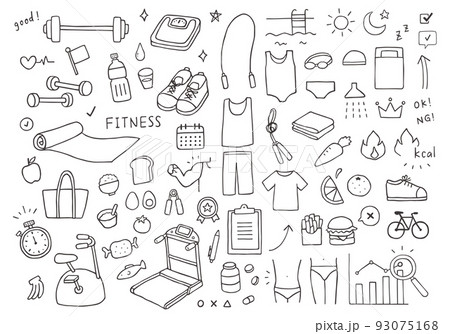フィットネスにまつわる手描きイラストセット（モノクロ） 93075168