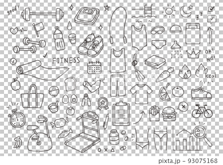 フィットネスにまつわる手描きイラストセット（モノクロ） 93075168