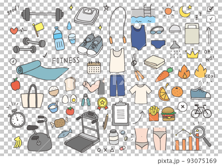 フィットネスにまつわる手描きイラストセット（カラー） 93075169
