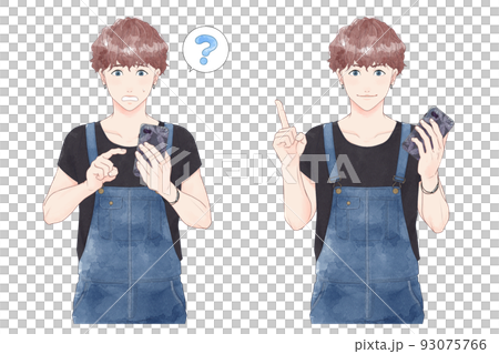 スマホを操作する男性のセット 水彩 スマホを操作する男性のセット 水彩 93075766