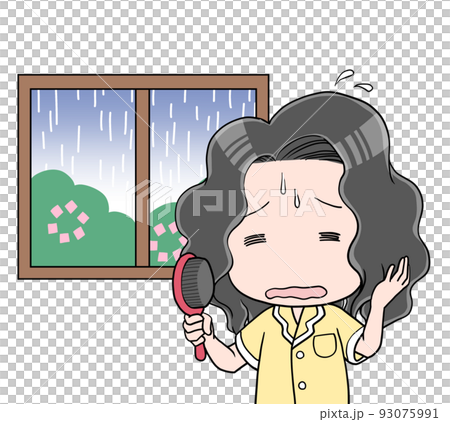 Curly-haired woman with wavy hair on a rainy day Curly-haired woman with wavy hair on a rainy day 93075991