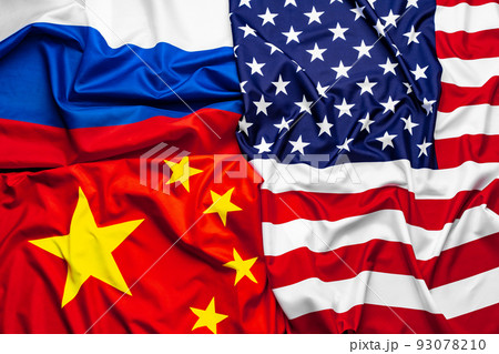 China, USA and Russia national flags top view China, USA and Russia national flags top view 93078210