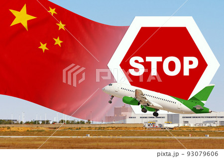 Airplane with forbidden sign and China flag. No fly zone in China Airplane with forbidden sign and China flag. No fly zone in China 93079606