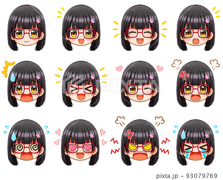 ぱっつん前髪の女の子のちびキャラ顔アイコン素材セット5 93079769