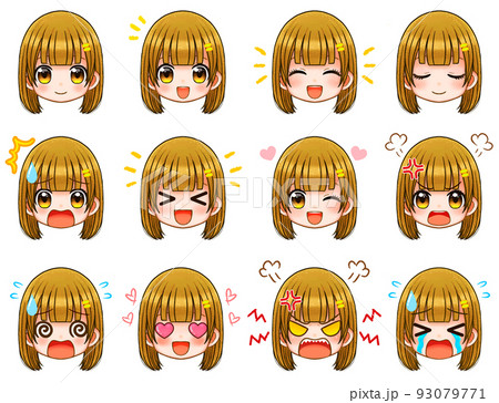 ぱっつん前髪の女の子のちびキャラ顔アイコン素材セット2 93079771