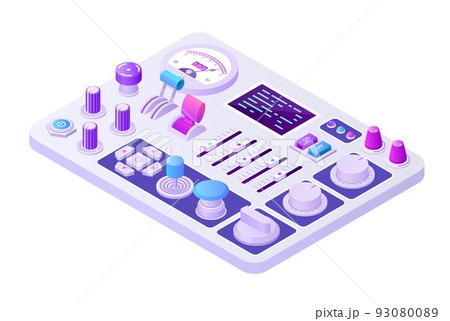 Isometric control panel. 3D analog retro machine for power supply control or radio broadcast adjusting with knobs buttons and toggles. Vector electric equipment illustration 93080089