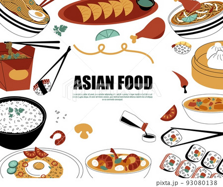 Asian food framing. Doodle traditional meal with spices and sauces, bowl with noodles and soup, sushi on plate, soy sauce. Vector Chinese and Japanese food banner 93080138