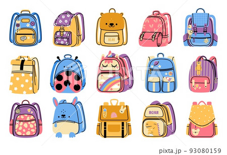 School backpack. Cartoon colorful kids bag for