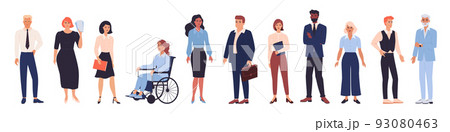 Business characters. Standing women or men. Diverse people. Office employee in suit. Company workers. Colleagues work team. Corporate staff. Disabled manager. Vector isolated persons set Business characters. Standing women or men. Diverse people. Office employee in suit. Company workers. Colleagues work team. Corporate staff. Disabled manager. Vector isolated persons set 93080463