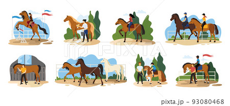 Equestrian ride horse. Girl rider stallion horseback on farm. Man and child with pony. Jockey training with instructor at hippodrome. Racehorse ranch. Equine sport. Vector illustration set 93080468