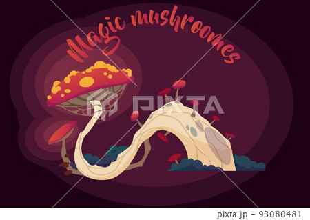 Fantasy mushroom. Magical psychedelic unusual fungus, toxic ingredient for potion poisonous, mystical nature element, fantastic glowing landscape, vector cartoon flat isolated illustration 93080481