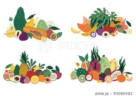 Fruit mix. Tropical food compositions. Bunch of pineapple, melon and watermelon. Half papaya, whole pomegranate and coconut, piles of various fresh natural sweets. Vector cartoon background 93080482