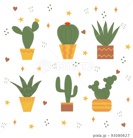 Set of different cactus in pots on doodle background, flat doodle vector 93080627