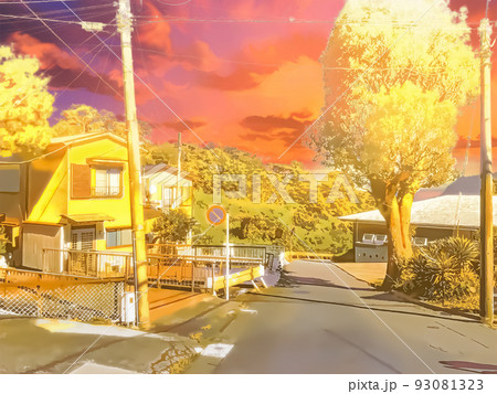 夕暮れの郊外の住宅と田舎道のイラスト素材 [93081323] - PIXTA