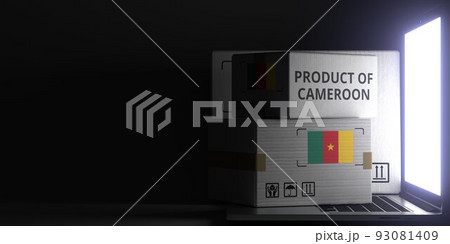 Cartons with PRODUCT OF CAMEROON text and flag on the laptop, black background. 3D rendering Cartons with PRODUCT OF CAMEROON text and flag on the laptop, black background. 3D rendering 93081409