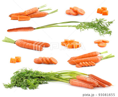 Set of fresh ripe carrots on white background Set of fresh ripe carrots on white background 93081655