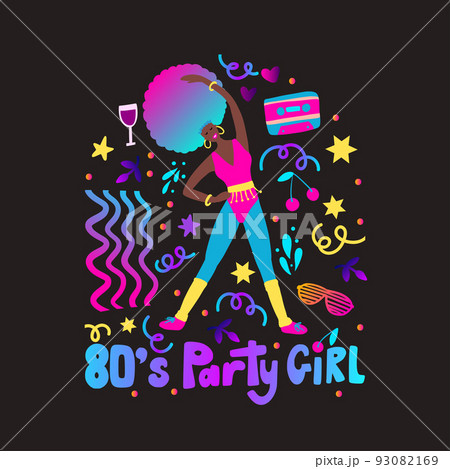 Disco party 70s 80s. Woman dance retro party poster Disco party 70s 80s. Woman dance retro party poster 93082169