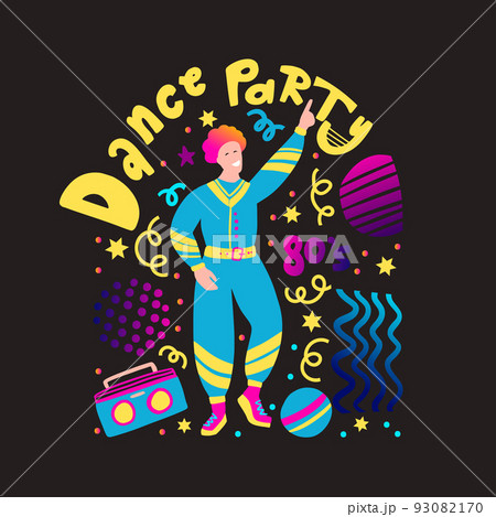 Disco party 70s 80s. Man dance retro party black poster 93082170