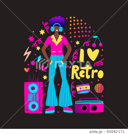 Disco party 70s 80s. Man dance retro party black poster 93082171