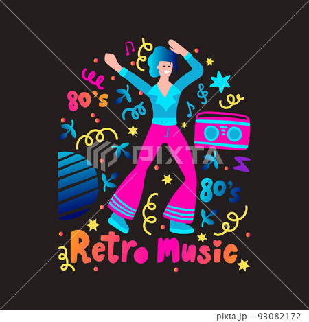 Disco party 70s 80s. Man dance retro party black poster Disco party 70s 80s. Man dance retro party black poster 93082172