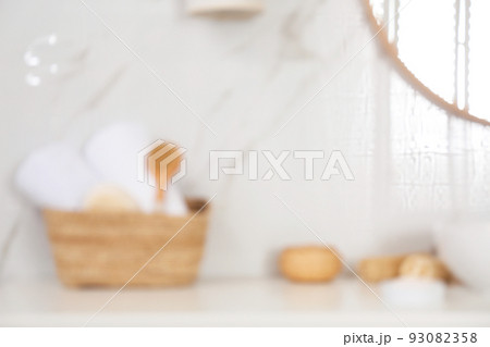 Blurred view of stylish modern bathroom with toiletries 93082358