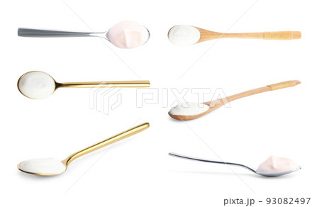 Set of delicious natural yogurt on white background 93082497