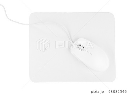 Modern wired optical mouse and pad isolated on white, top view Modern wired optical mouse and pad isolated on white, top view 93082546