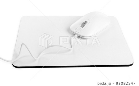 Modern wired optical mouse and pad isolated on white Modern wired optical mouse and pad isolated on white 93082547