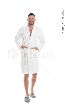 Handsome man wearing bathrobe on white background Handsome man wearing bathrobe on white background 93082566
