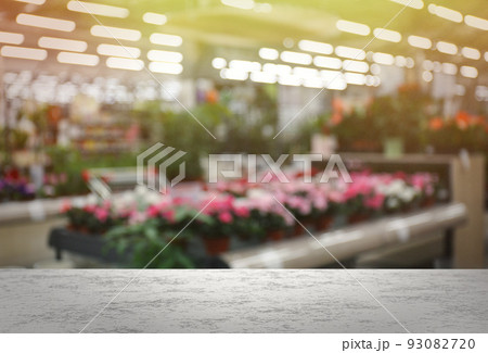 Empty stone surface and blurred view of gardening department in mall. Space for design 93082720