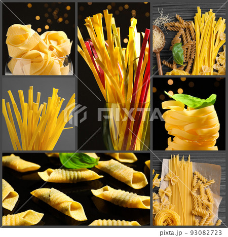 Different types of uncooked pasta. Photo collage 93082723